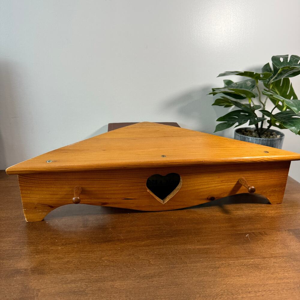 Vintage Rustic Wood Corner Shelf Wall Mount Heart Cutout Peg Hooks Pine Country